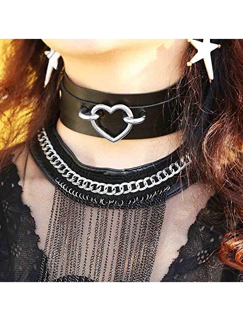 MJartoria Gothic Jewelry-Goth PU Leather Choker Necklaces for Women-O-Ring Heart Punk Rock Adjustable Black Collar Choker Necklaces