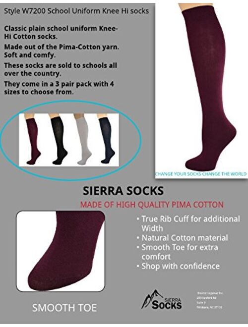 Sierra Socks Girl's Women School Uniform Cotton Knee High Solid Color 3 Pair Pack G7200