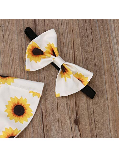 3PCs Toddler Kid Girl Sunflower Print Off Shoulder Crop Top + Pant Skirt + Bowknot Headband