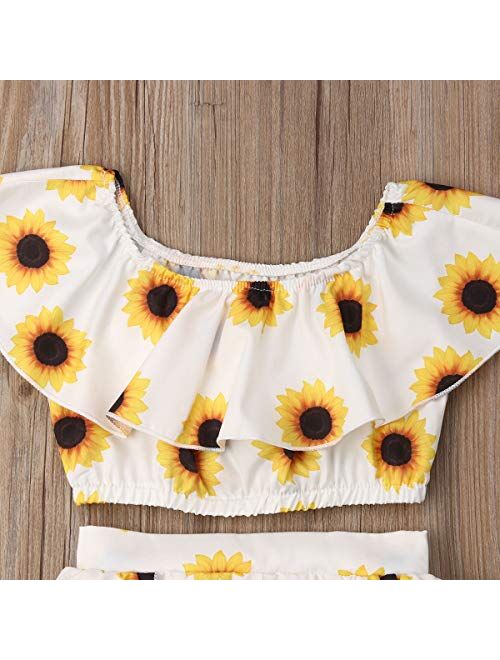 3PCs Toddler Kid Girl Sunflower Print Off Shoulder Crop Top + Pant Skirt + Bowknot Headband