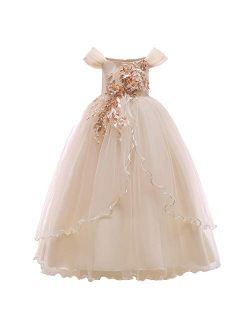 Flower Girl Off Shoulder Embroidery Lace Wedding Formal Dress for Kids Princess Pageant Birthday Party Dance Maxi Gown