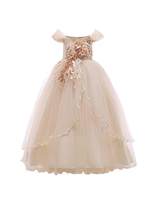 IBTOM CASTLE Flower Girl Off Shoulder Embroidery Lace Wedding Formal Dress for Kids Princess Pageant Birthday Party Dance Maxi Gown