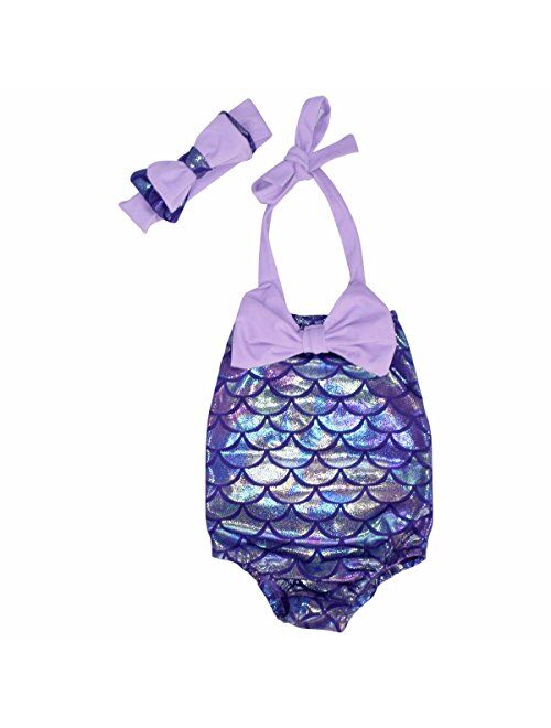 Unique Baby Girls Mermaid Scale Bathing Suit and Headband