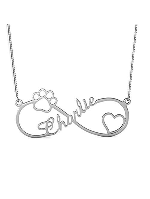 Personalized 925 Sterling Silver Dog Paw Infinity Necklace Custom Made with Any Name