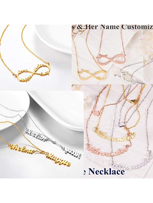 18K Gold Custom Any Name/Her Name/Double Names/Infinity 4 Family or BFF Names U7 Personalized Necklace Choker Charm Initials Naming Jewelry Platinum Chain 16-18 