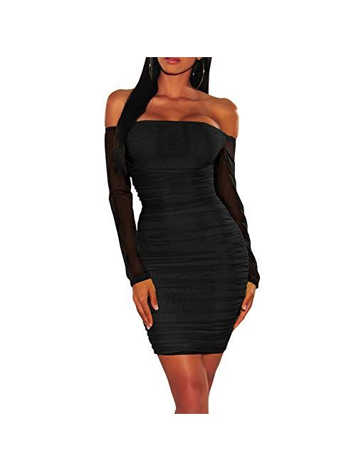 ECHOINE Women's Sexy Off Shoulder Deep V Neck Stretch Long Sleeve Ruched Bodycon Party Mini Dress
