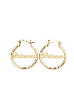 24K Gold Plated Circle Hoop Earrings Alphabet Nameplate"Princess" Earring