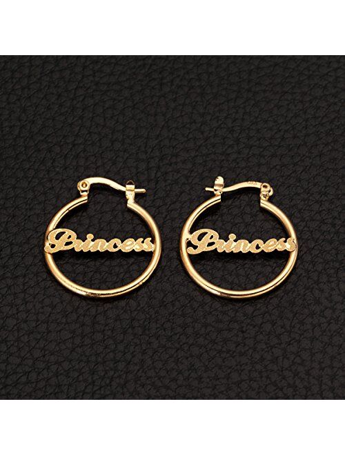 24K Gold Plated Circle Hoop Earrings Alphabet Nameplate"Princess" Earring