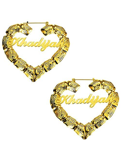 Name Bamboo Hoop Earrings - Custom Name Hoop Big Circle Earrings for Women Lady Girl Jewelry Gifts