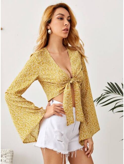 Shein Bell Sleeve Tie Front Ditsy Floral Crop Top