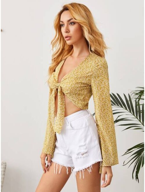 Shein Bell Sleeve Tie Front Ditsy Floral Crop Top