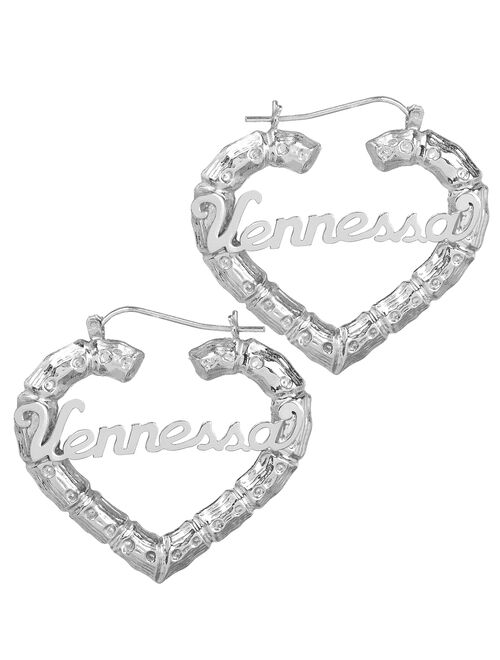 Sterling Silver Personalized Bamboo Style Heart Polished Name Earrings