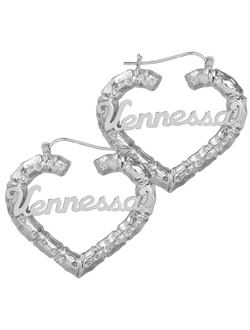 Sterling Silver Personalized Bamboo Style Heart Polished Name Earrings
