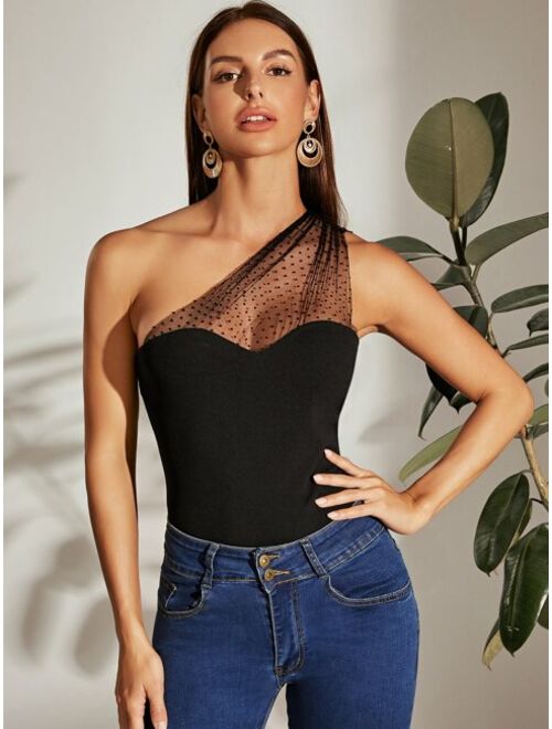 Shein One Shoulder Dot Flocked Mesh Yoke Top