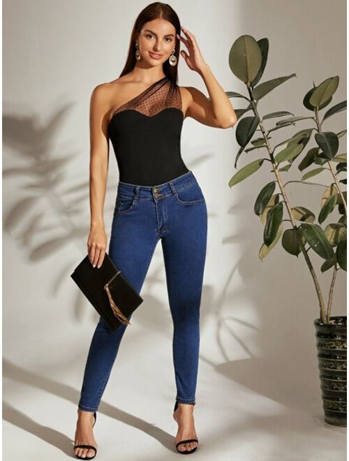 Shein One Shoulder Dot Flocked Mesh Yoke Top