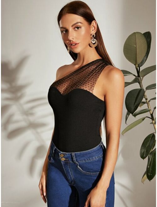Shein One Shoulder Dot Flocked Mesh Yoke Top