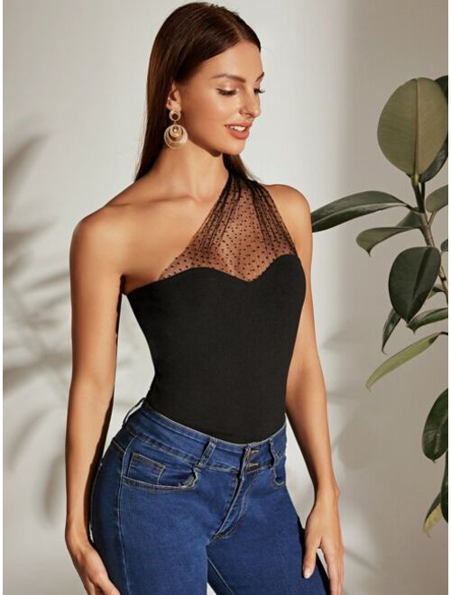 Shein One Shoulder Dot Flocked Mesh Yoke Top