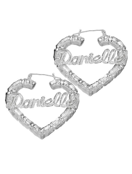 Sterling Silver or Gold Plated Personalized Bamboo Style Heart Name Earrings with Beading and Rhodium All Over The Name