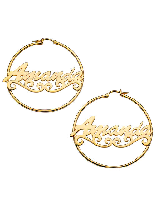 Personalized Women's Sterling Silver or Gold over Silver Script Name with Scroll Tail Hoop Earrings