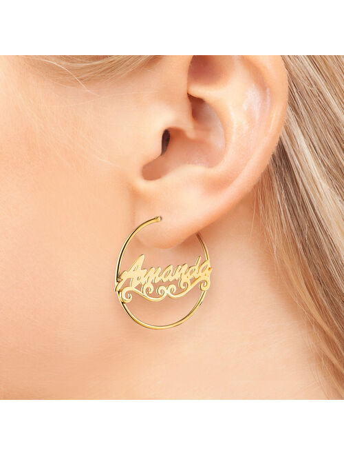 Personalized Women's Sterling Silver or Gold over Silver Script Name with Scroll Tail Hoop Earrings