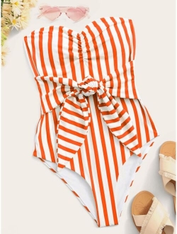 Striped Knot Front One Piece Swimsuit