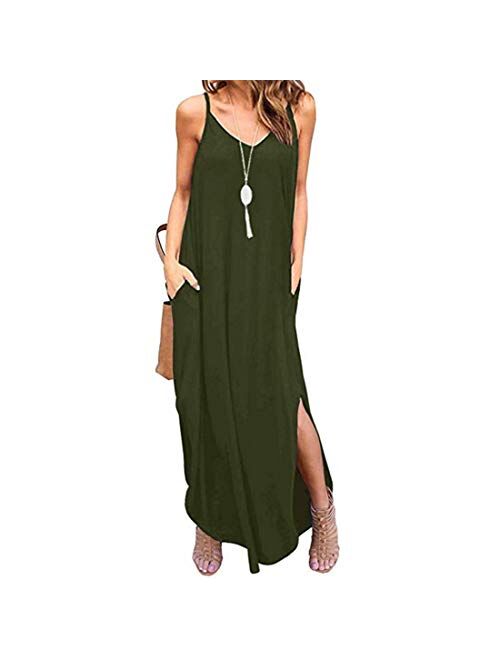 Womens Summer Casual Loose Long Maxi Beach Cover Up Cami Dress with Pockets