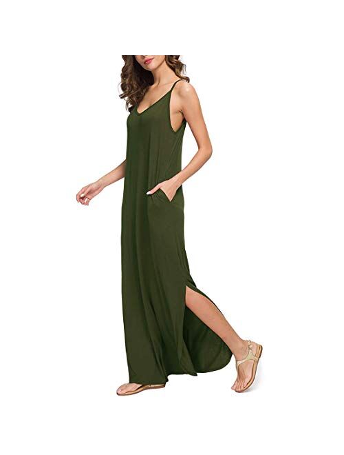 Womens Summer Casual Loose Long Maxi Beach Cover Up Cami Dress with Pockets