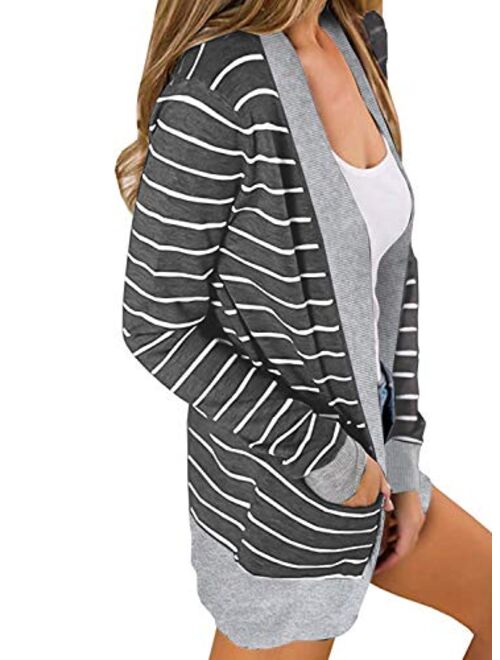 YIBOCK Women Open Front Striped Cardigans Sweater Long Sleeve Casual Knit Cardigans with Pockets