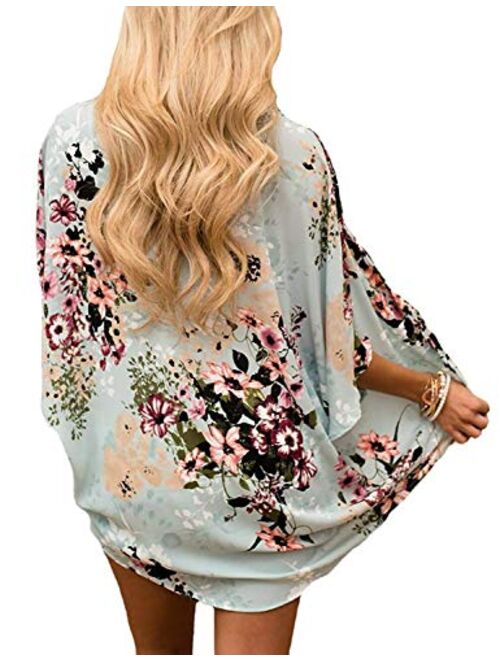 TRALOOK Womens Kimono Cardigan Sheer Chiffon Cover up Floral Print Capes Loose Blouse Tops Cover ups