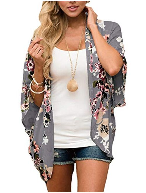 TRALOOK Womens Kimono Cardigan Sheer Chiffon Cover up Floral Print Capes Loose Blouse Tops Cover ups