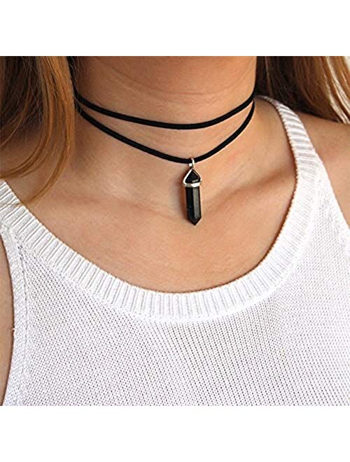 Anglacesmade Layered Choker Necklace Crystal Choker Suede Choker Stone Pendant Necklace Bohemia Jewelry for Women and Girls