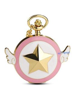 Womens Sakura Star Wings Quartz Pocket Watch with Chain + Gold Box