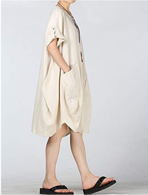 LaovanIn Women's Plus Size Tunic Dress Summer Cotton Linen T Shirt Knee-Length Dresses