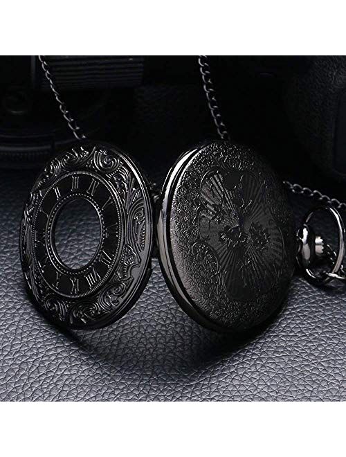 WIOR Black Classical Pocket Watch Retro Steampunk Pattern Quartz Numerals Pocket Watch with 14.5 in Chain for Xmas Birthday Fathers Day Gift