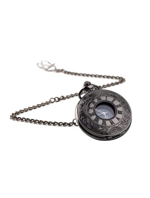 WIOR Black Classical Pocket Watch Retro Steampunk Pattern Quartz Numerals Pocket Watch with 14.5 in Chain for Xmas Birthday Fathers Day Gift