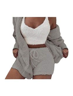 Womens Fuzzy Fleece Sexy 3 Piece Outfits Open Front Hooded Cardigan + Spaghetti Strap Crop Top Shorts Set