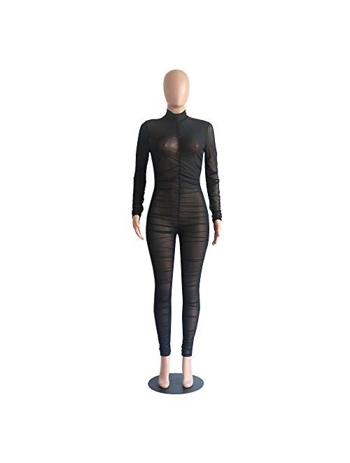 Uni ClauWomen One Piece Outfits Mesh Sheer Bodycon Jumpsuit Long Sleeve See Through Party Jumpsuits