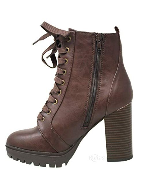 MVE Shoes Womens Top Guy Stylish Comfortable Lace Up Block Heel Ankle Boot