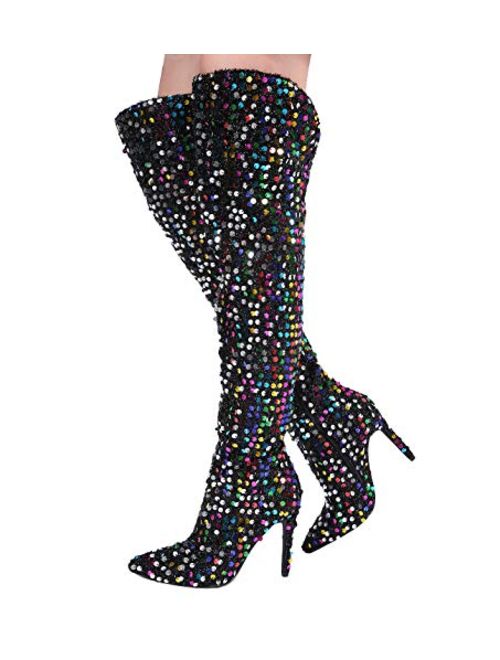 Stupmary Women Pointed Toe Sparkle Sequins Over The Knee Boots Winter Stilleo Heels Thigh High Bootie