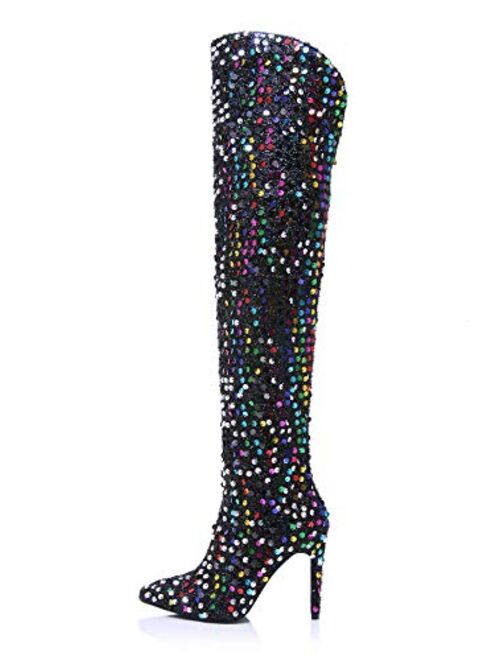 Stupmary Women Pointed Toe Sparkle Sequins Over The Knee Boots Winter Stilleo Heels Thigh High Bootie