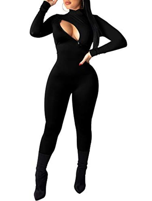 TOB Women's Sexy Long Sleeves Turtleneck Zip Closure One Piece Bodycon Jumpsuit Playsuit