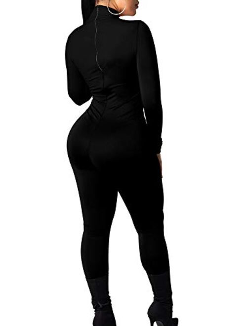 TOB Women's Sexy Long Sleeves Turtleneck Zip Closure One Piece Bodycon Jumpsuit Playsuit