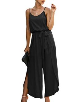 ECOWISH Womens Jumpsuit Spaghetti Strap Wide Leg Split Jumpsuits Long Overalls Summer Beach Loose Fit Rompers with Belt