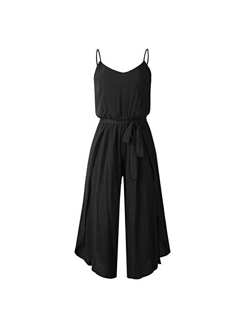 ECOWISH Womens Jumpsuit Spaghetti Strap Wide Leg Split Jumpsuits Long Overalls Summer Beach Loose Fit Rompers with Belt