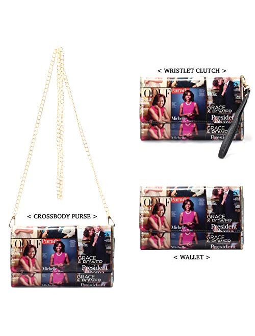 Glossy magazine cover collage Michelle Obma printed crossbody wallet purse with wrist band