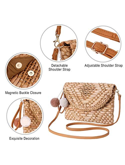 Straw Shoulder Bag, Kadell Straw Clutch Women Handmade Straw Crossbody Bag Summer Beach Envelope Purse Wallet
