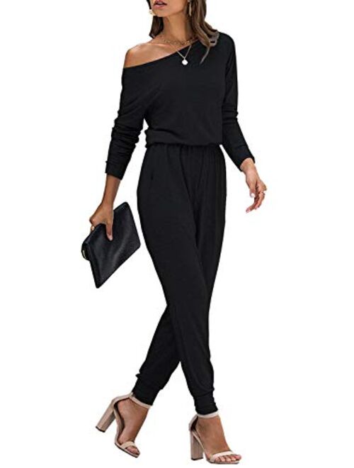 ReachMe Womens Long Sleeve Off Shoulder Jumpsuit with Pockets Elastic Waist Romper One Piece Jumpers