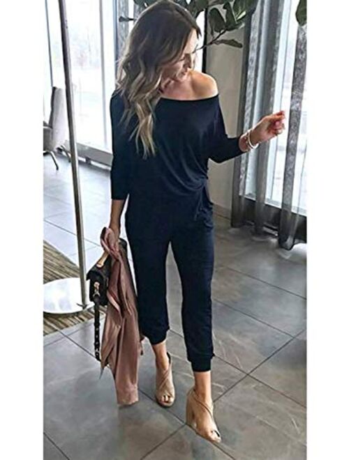 ReachMe Womens Long Sleeve Off Shoulder Jumpsuit with Pockets Elastic Waist Romper One Piece Jumpers