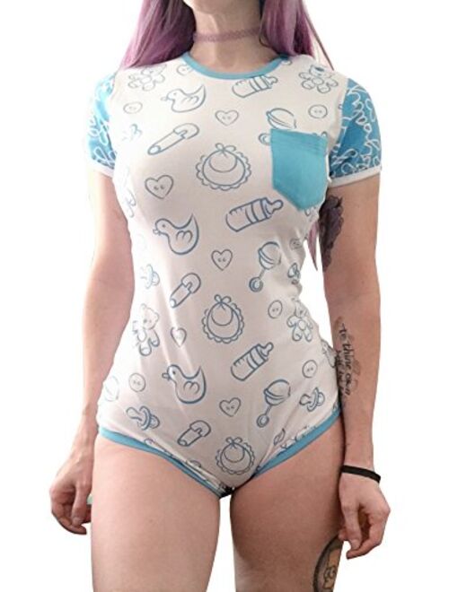 Littleforbig Adult Baby & Diaper Lover (ADBL) Button Crotch Romper Onesie - Nursery Blue/Pink Onesie