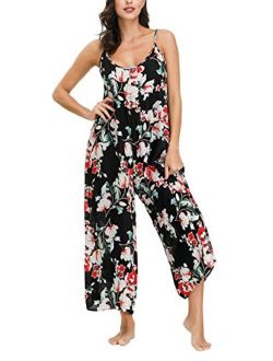 Wexcen Womens Floral Printed Jumpsuits Casual Sleeveless Spaghetti Strap Rompers Wide Leg Pants with Two Pockets